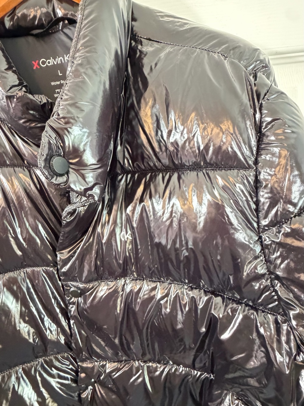 Calvin Klein Snap Front Puffer Jacket Sorona Black Mens L NWT Shiny Coat Light - Picture 10 of 13